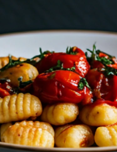 Crispy Gnocchi met Tomatensaus en Gebakken Oesterzwammen